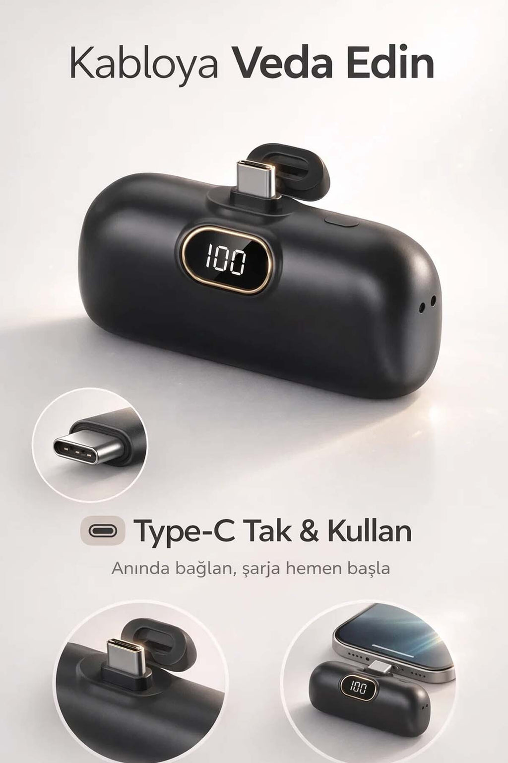 5000 mAh Mini Taşınabilir Powerbank 22.5W Hızlı Şarj Tak-Kullan - Type-C Uyumlu Dijital Göstergeli