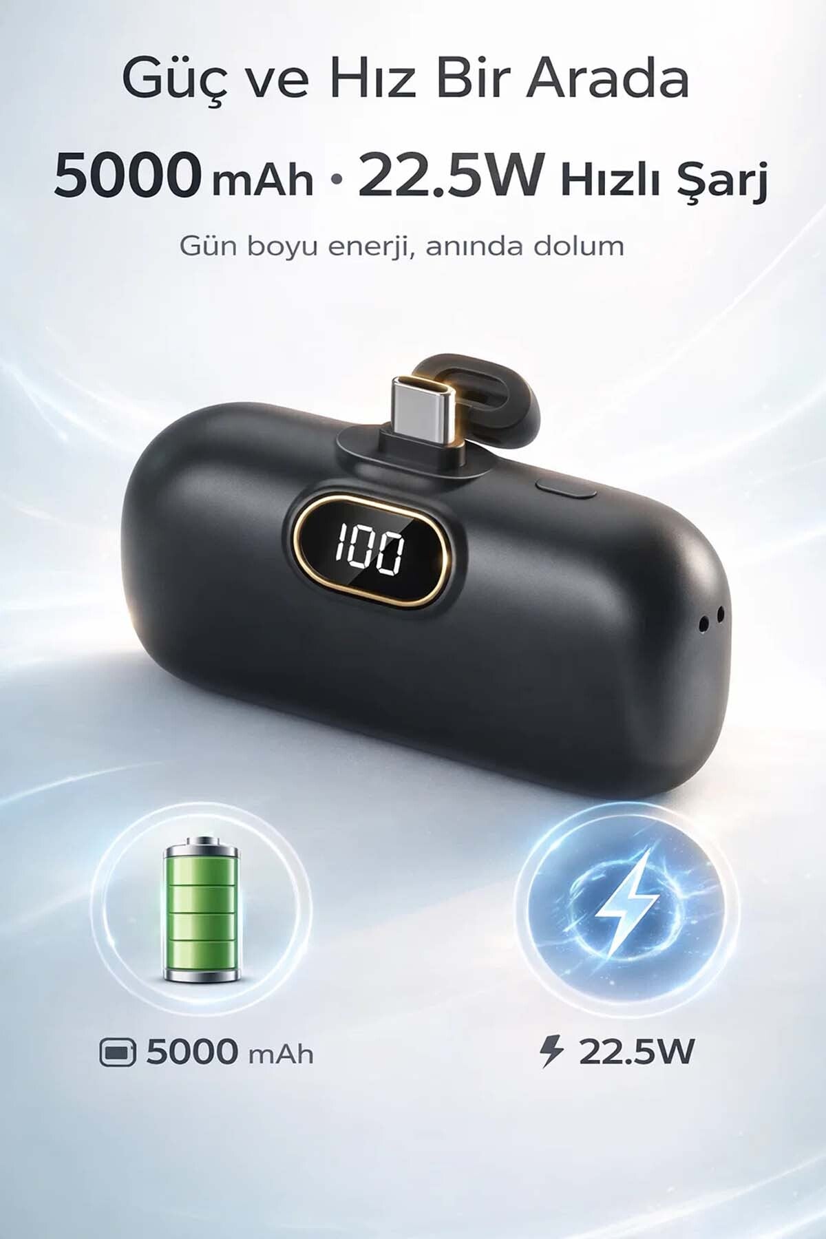 5000 mAh Mini Taşınabilir Powerbank 22.5W Hızlı Şarj Tak-Kullan - Type-C Uyumlu Dijital Göstergeli
