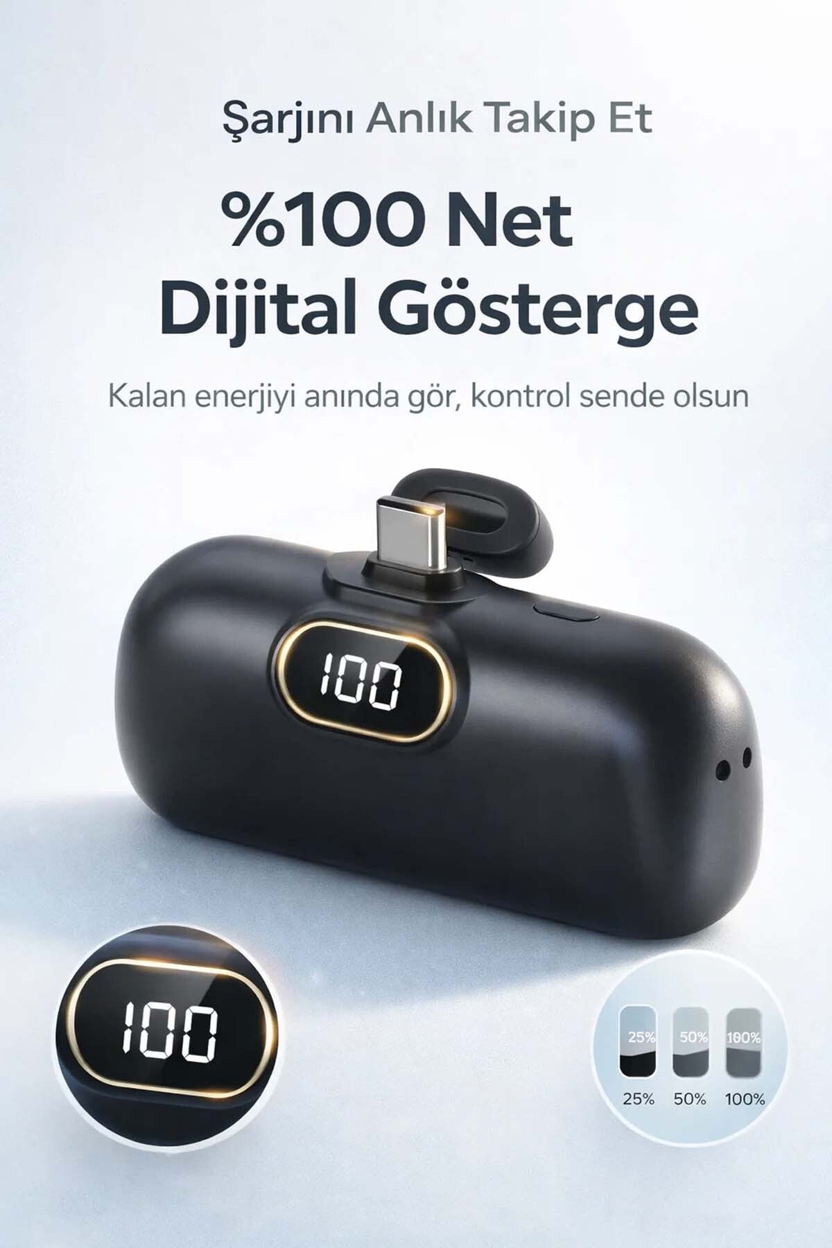 5000 mAh Mini Taşınabilir Powerbank 22.5W Hızlı Şarj Tak-Kullan - Type-C Uyumlu Dijital Göstergeli