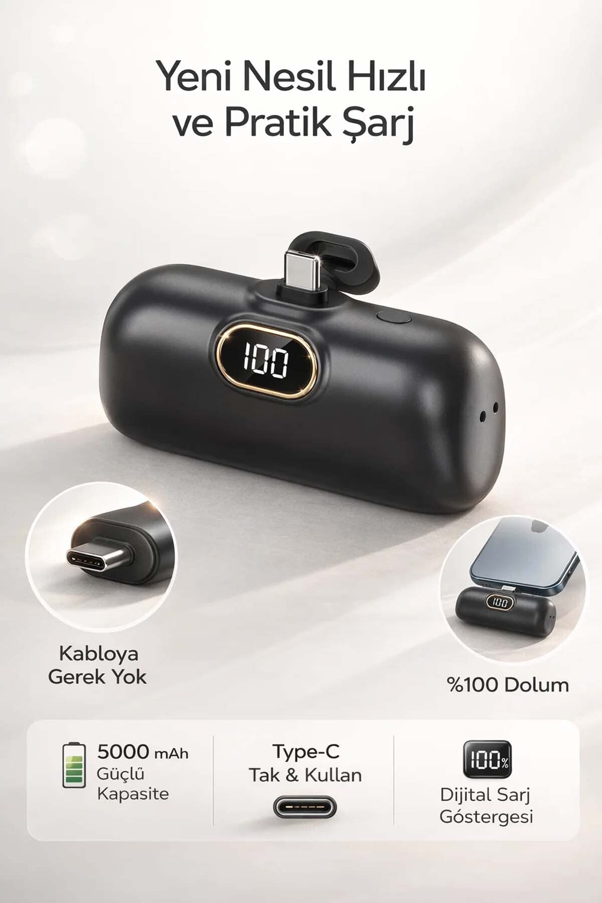 5000 mAh Mini Taşınabilir Powerbank 22.5W Hızlı Şarj Tak-Kullan - Type-C Uyumlu Dijital Göstergeli