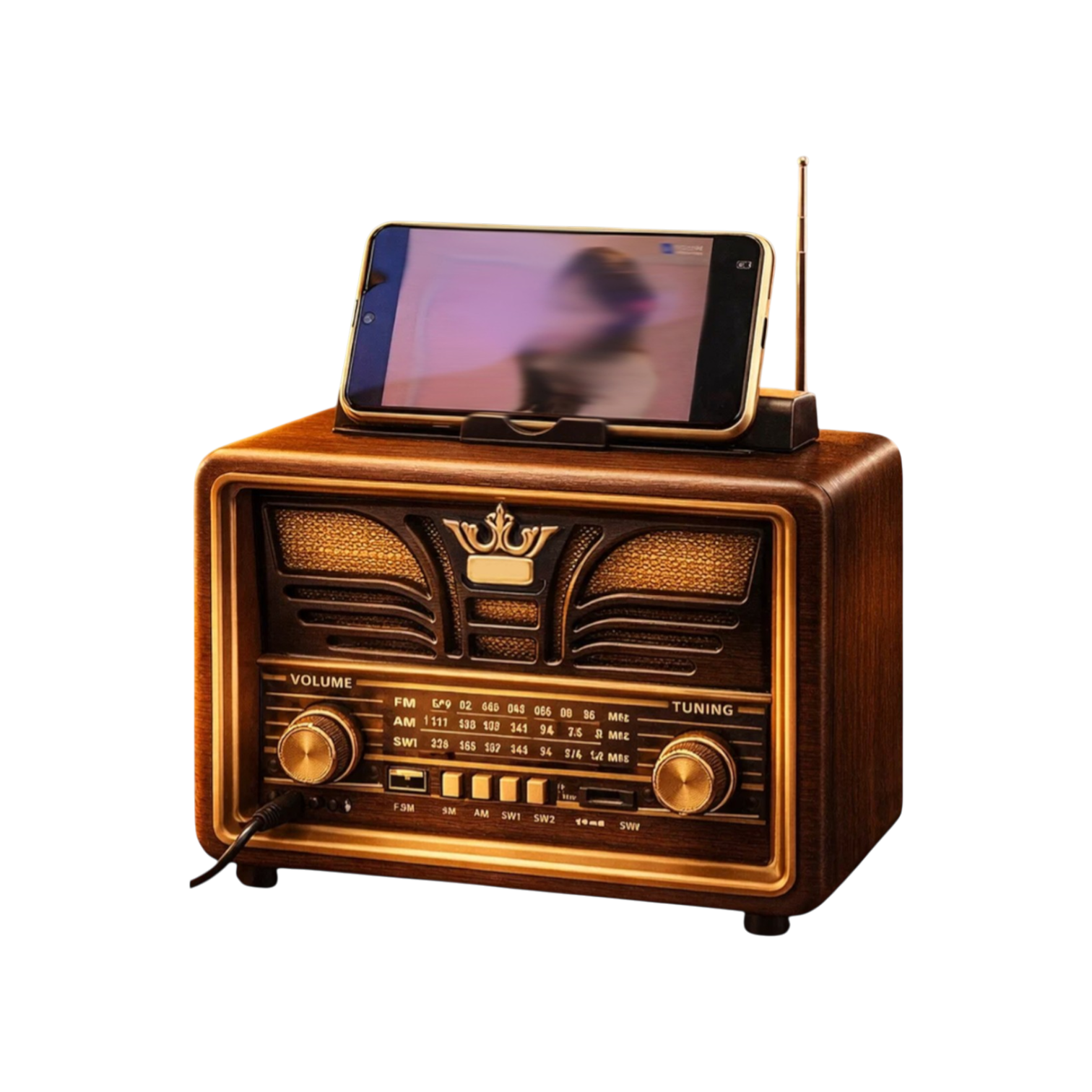 Nostaljik Ahşap Görünümlü Bluetoothlu Şarjlı Retro Radyo Hoparlör - Telefon Tutacaklı